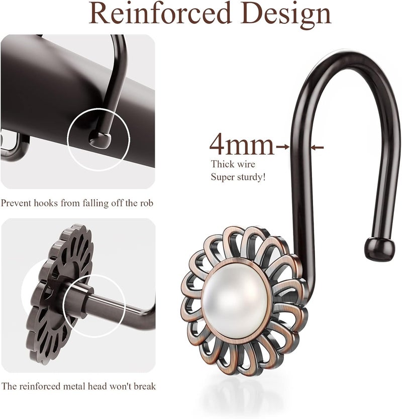 iToplin Oil Rubbed Bronze Shower Curtain Hooks, Decorative Sunflower Shower Curtain Rings for Bathroom Shower Curtain Rods and Liner,Metal Shower Hooks, Floral Pearl Shower Rings for Curtain Set of 12 - Image 5